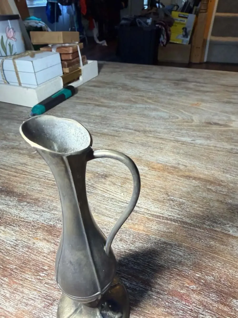 Vintage Pewter Ewer Bud Vase with Ornate Spout and Handle